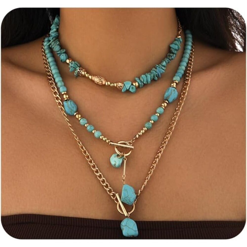 Boho Western Layered Necklace Set Turquoise Beaded Pendant Jewelry Gift